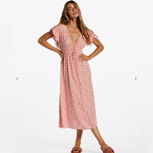 NWT Billabong Women's Picnic Date Pink Floral Midi Dress Flamingo Size S